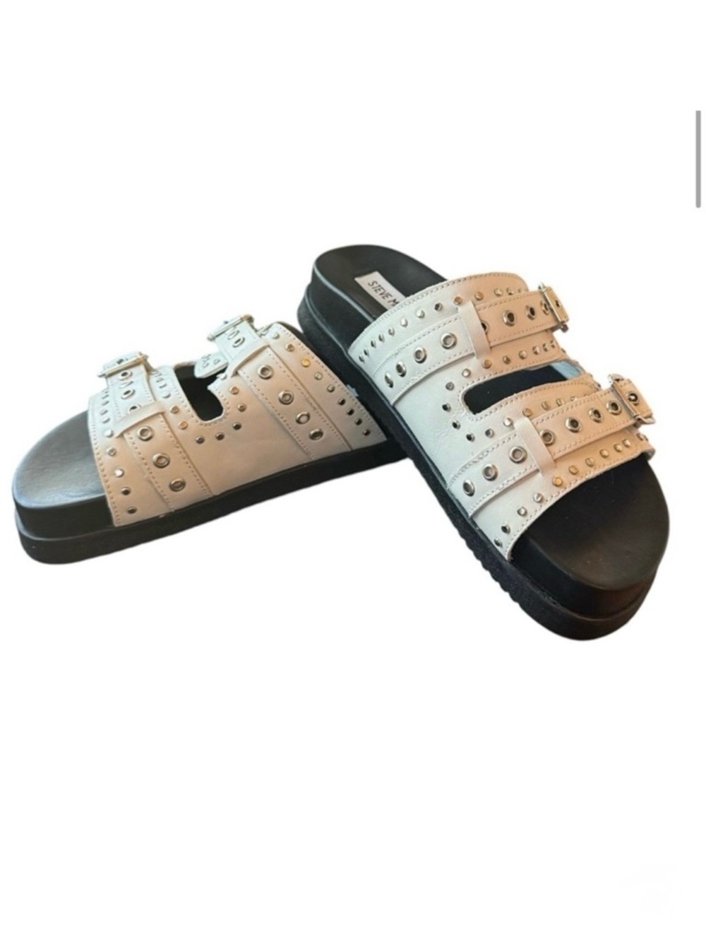 Steve Madden Malik Bone Genuine Leather Grey Silver Studded Slide Sandals